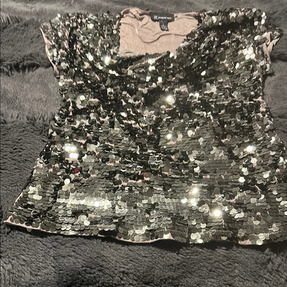 INC International Concepts Silver Sequin Blouse